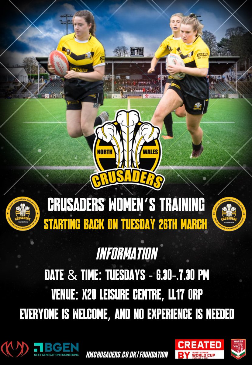⚫️🟡 Womens | Merched 🟡⚫️

Our <a href="/NWCrusaders/">North Wales Crusaders</a> women’s team start back training next week 🏴󠁧󠁢󠁷󠁬󠁳󠁿🏉

#northwales #womenrugby #RugbyLeague #YmaOHyd 

⬇️⬇️Info below ⬇️⬇️

🔗 nwcrusaders.co.uk/post/crusaders…