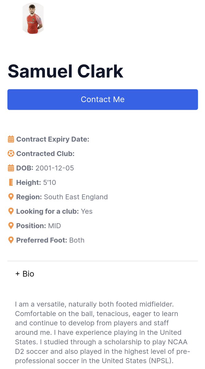 NonLeagueGuys's tweet photo. ⚫️🔵🟠 TNLP PROFILE 🟠🔵⚫️

Name: Samuel Clark
Location: South East England 
Position: Midfielder 
Playing experience: Uni football in USA

Samuel is looking 

You can check out his profile on https://t.co/xxDmH5537R or DM us if interested

#NonLeague #BeSeen 🟠🔵⚫ https://t.co/tnrcwDcYL4