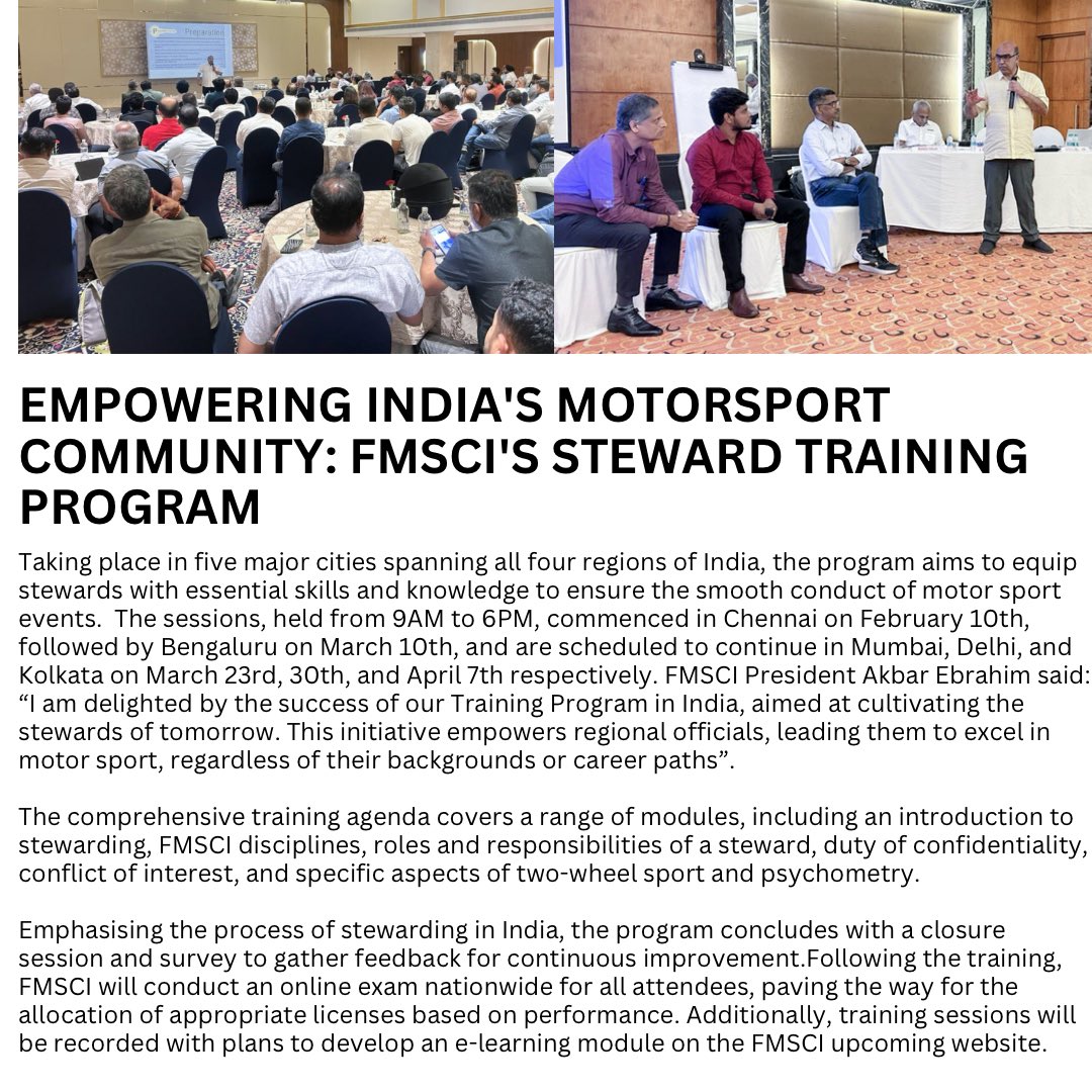 The Federation of Motor Sports Clubs of India (FMSCI) is spearheading a National Stewards' Training Program as part of the 𝑰𝒏𝒅𝒊𝒂 𝑫𝒆𝒗𝒆𝒍𝒐𝒑𝒎𝒆𝒏𝒕 𝑷𝒓𝒐𝒈𝒓𝒂𝒎 🇮🇳 with the goal of improving stewarding capacities all around the nation. 💪💪 #FIA #FMSCI #India…