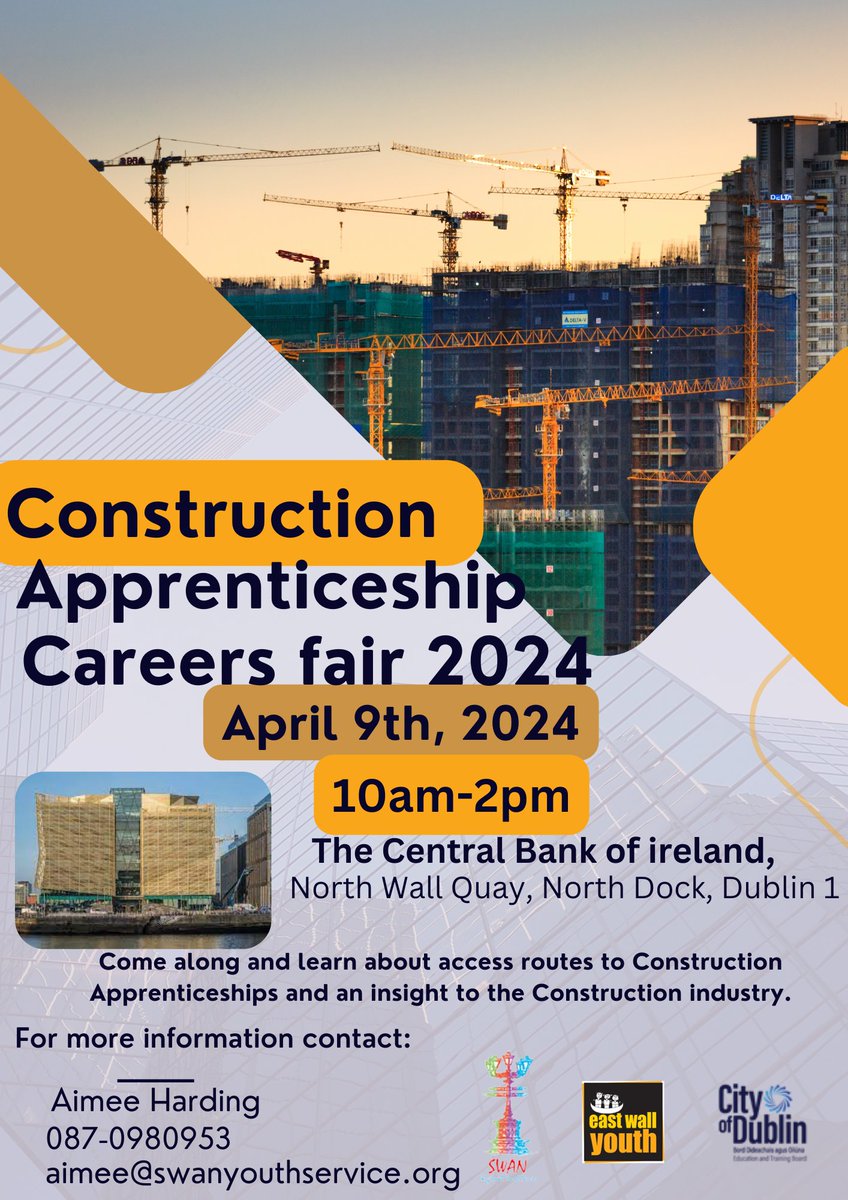 There will be a Construction Apprenticeship Careers Fair on the 9th of April in the Central Bank of Ireland! This fair is the perfect chance to learn more about potential apprenticeship opportunities, upskill courses & prepare you for a career as an apprentice🌟#NEIC #CareersFair