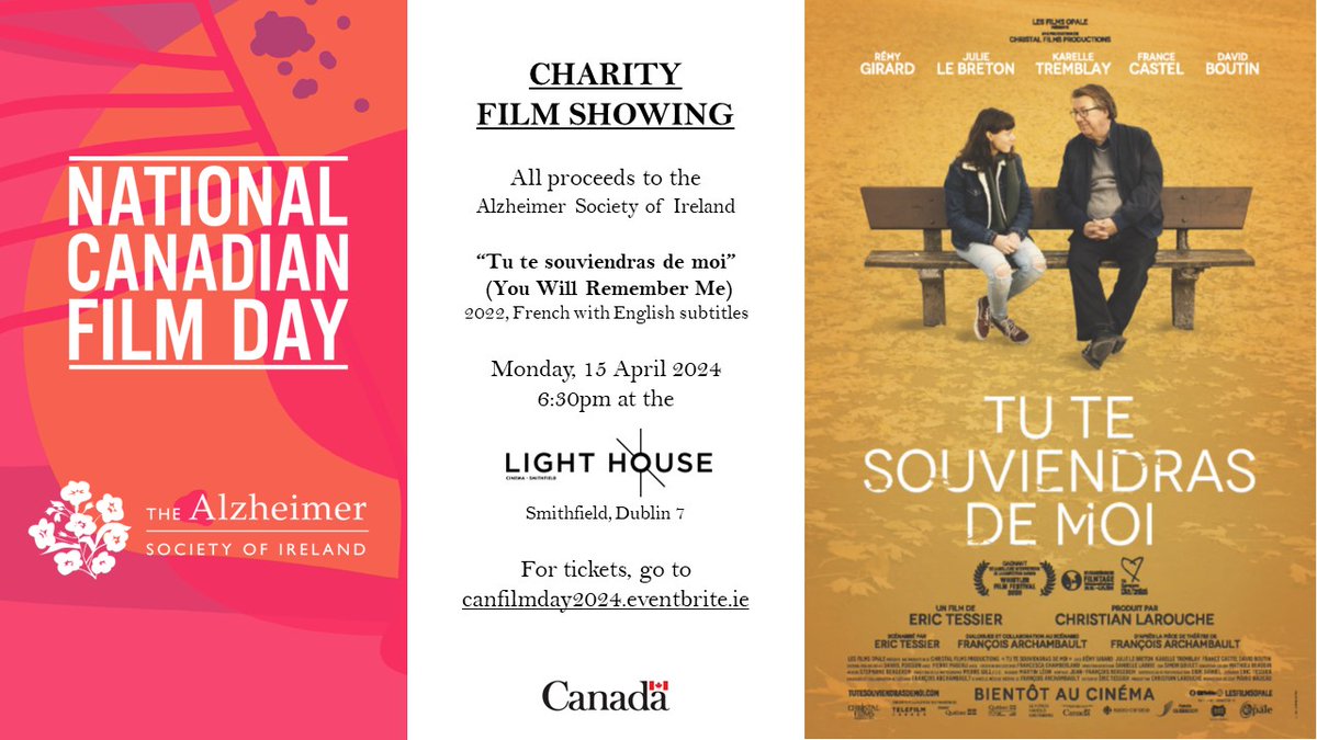 📣 CHARITY FILM SHOWING! We are thrilled to present the touching Canadian dramedy 'You Will Remember Me' at @LightHouseD7 on 15 April for @REELCANADA's @CanFilmDay, with all proceeds to benefit @alzheimersocirl. Come support this great cause! #CanFilmDay canfilmday2024.eventbrite.ie