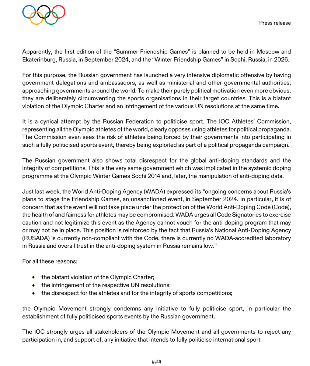 Declaration by the IOC against the politicisation of sport. Read: olympics.com/ioc/news/decla…