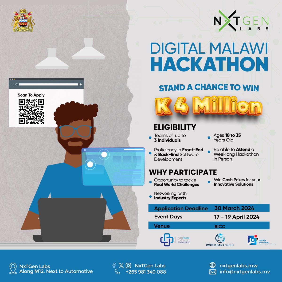 nxtgenlabs_mw's tweet photo. Get ready to innovate and collaborate at the Luntha ndi Chuma Conference Hackathon! Ignite your passion, and code your way to the future . Apply by scanning the QR Code or  below. Let the coding commence!

https://t.co/p5j9gagVhL

#nxtgenlabsmw #techmalawi https://t.co/Ng8xnJk2qP
