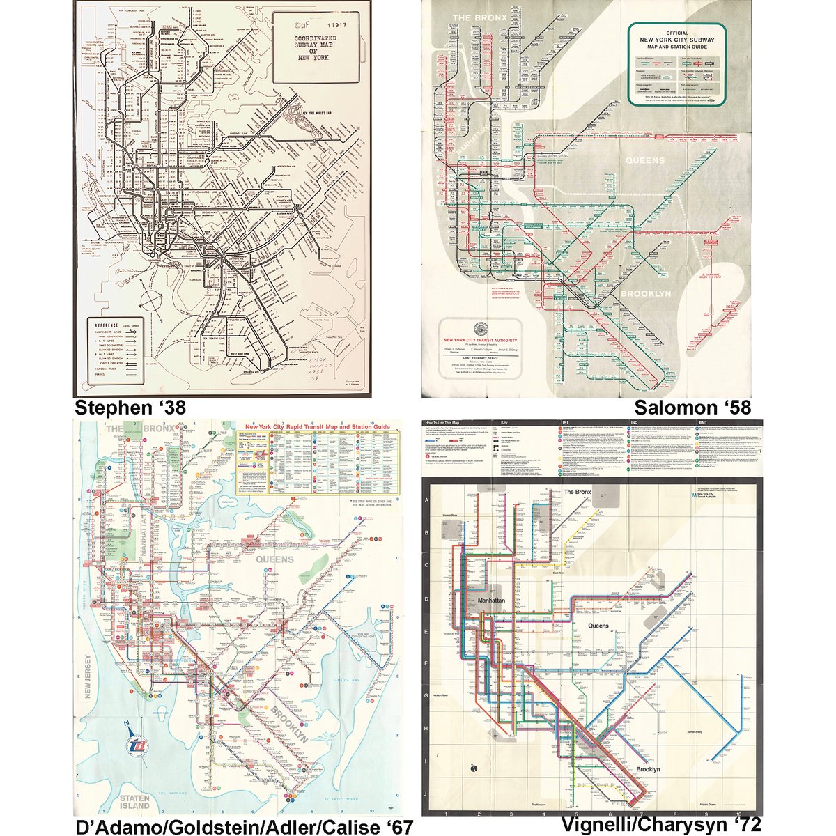 My forthcoming paper in The Cartographic Journal (publisher @bcsmaps ) will look at Beckist influences on the NYC subway map. There is a very clear inheritance of shape from Salomon's explicitly Beckist map of '58 to Vignelli's '72 map. But Stephen's '38 map dffered somewhat.