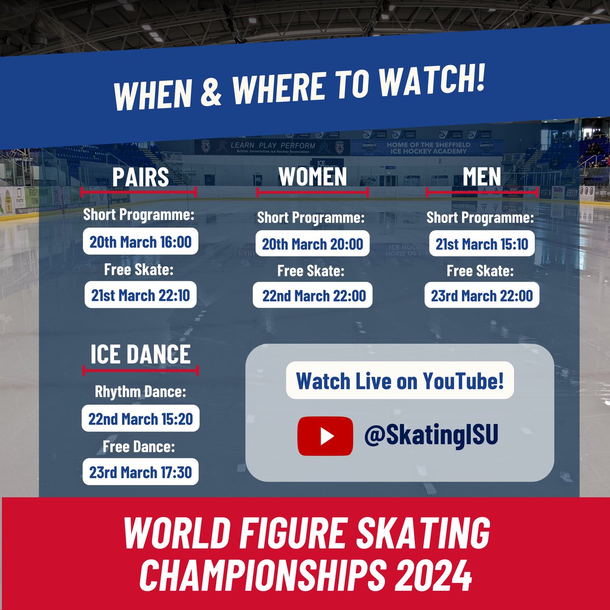 It's almost here! 😍⛸🌏
#WorldFigureSkatingChampionships

🕑These are the *UK times* for watching each segment of the competition.

#BritishAthletes #BritishSkaters #FigureSkating #IceSkating #WorldChampionships2024 #GoodLuck