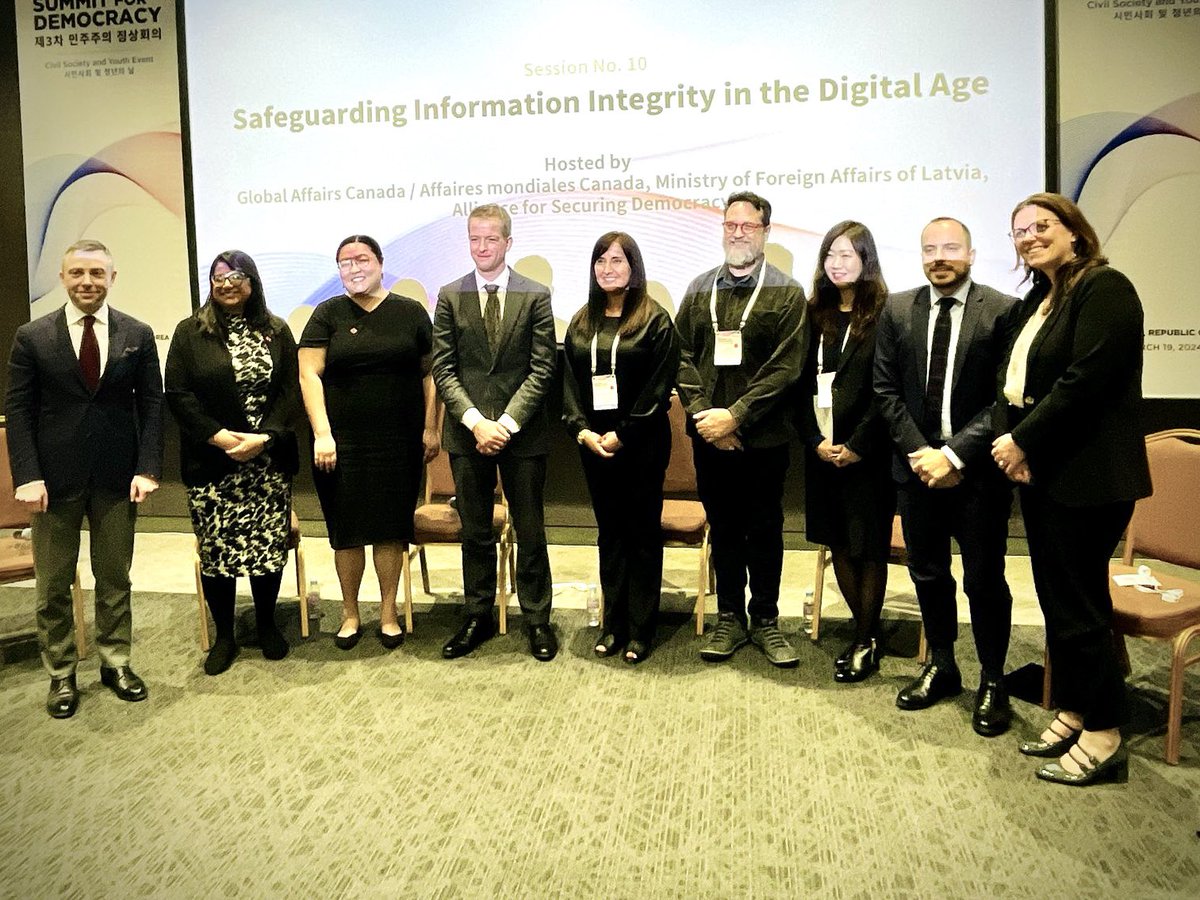 ViktorsMakarovs's tweet photo. Thanks to @StateDRL Allison Peters, @GAC_Corporate Ayesha Malette, @vntousas, @justinarenstein, @paulinaaibarra, Prof. Tae-Eun Song,  @DornerGillian, @GuusvanZwoll for great talk on Info Integrity &amp; AI today at #SummitforDemocracy in Seoul 🇰🇷. https://t.co/xvFvrul5Qz https://t.co/pYT2fwqVdS