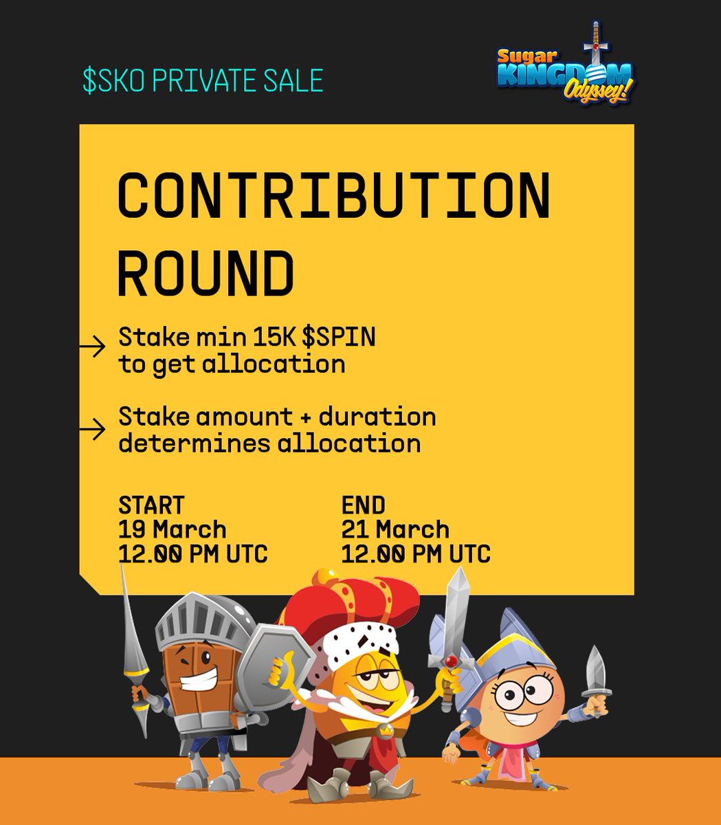 SpintopNetwork's tweet photo. 🔥 The Contribution Round for @SugarKingdomNFT’s Private Sale is live!

Stake a minimum of 15,000 $SPIN in the Launchpad Vault to farm your allocation until Thursday, March 21st 12 PM UTC. The more $SPIN you have in the Vault, the more allocation you get!

💸 If you haven't joined the Launchpad yet, head to https://t.co/6LX0V5TQM6