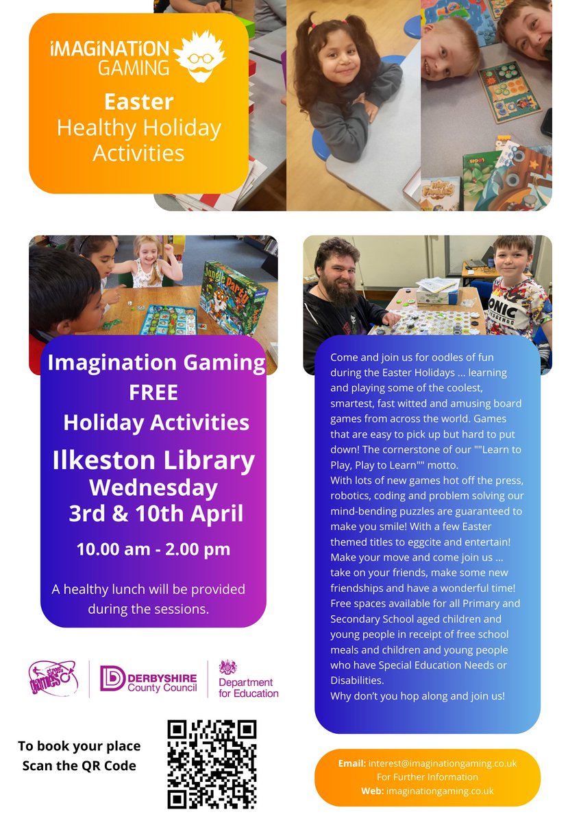 @imagigaming return to @IlkestonLibrary this Easter to deliver fun activities to entertain all ages and abilities as part of the @Derbyshirecc Healthy Holiday Activities Programme itsaboutmederbyshire.co.uk To book simply scan the QR code #Derbyshire #fun