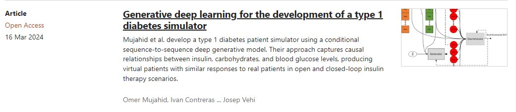 MicelabUdg's tweet photo. New paper at @CommsMedicine!

This study introduces a simulation approach employing a conditional deep generative model. The aim is to overcome the limitations of existing T1D simulators by synthesizing virtual patients that more accurately represent entire glucose-insulin system https://t.co/2hYgj0yVht