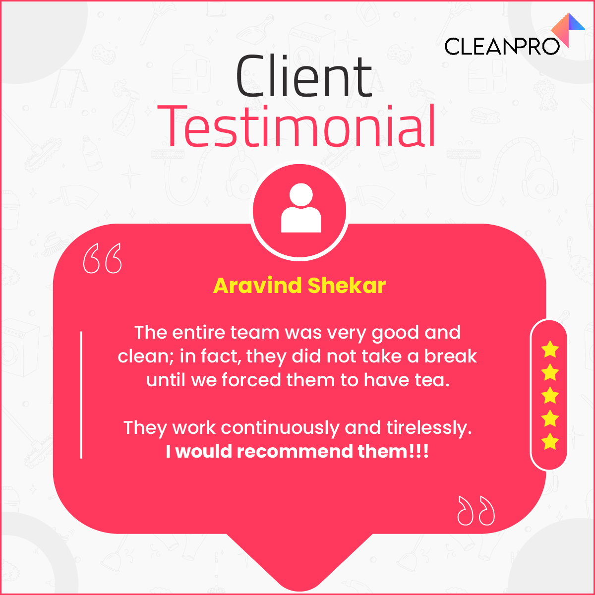 CleanproPvt's tweet photo. Thank you so much for your kind words, Aravind Shekar! We're thrilled to hear that you had such a positive experience with our team. 

Thank you for recommending us, and we look forward to serving you again in the future!

#Feedback #Testimonial #ClientTestimonial #Client https://t.co/RJu1UrS75V