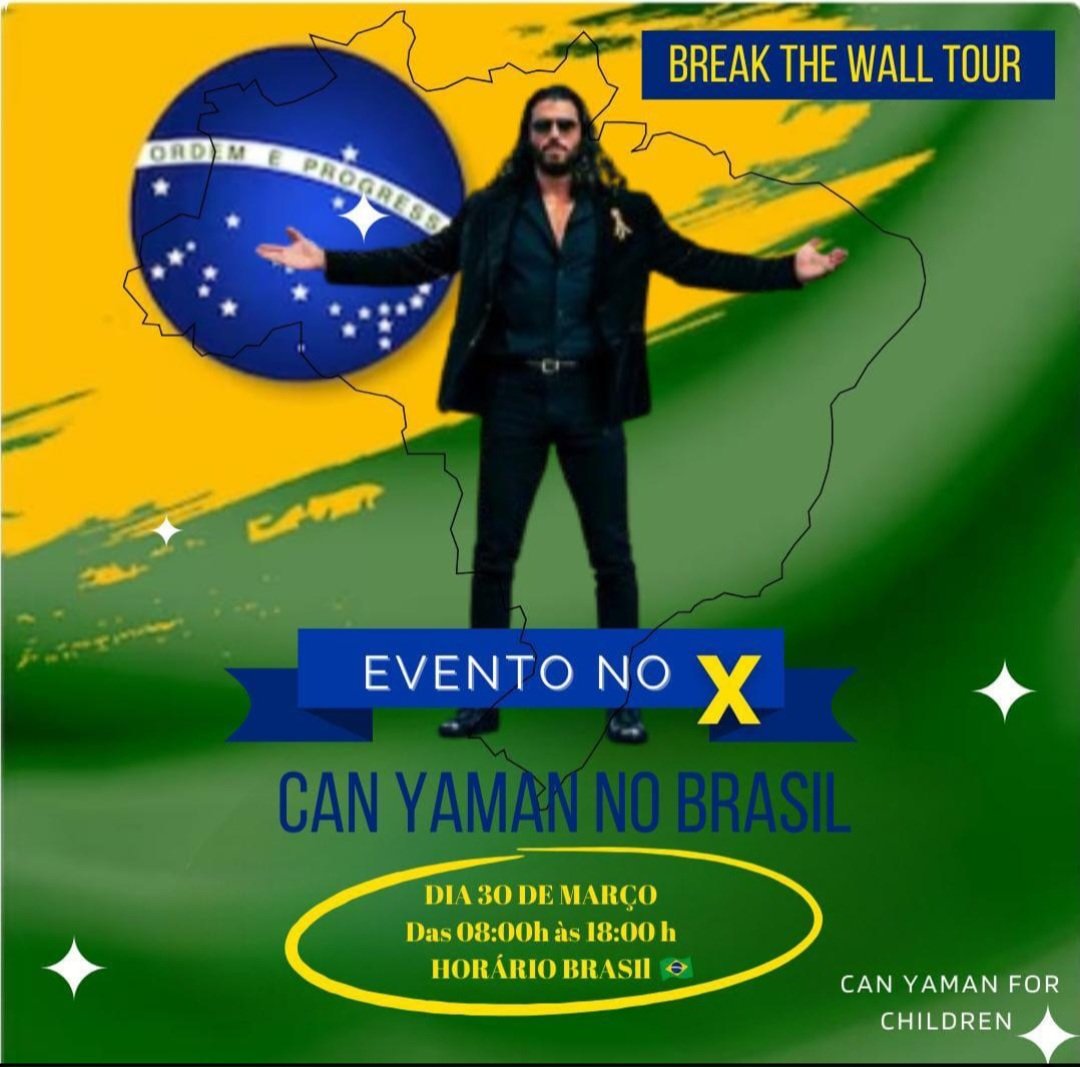 Alô  você, Alô  Brasil!
Dia 30/03 #CanYaman estará em São Paulo, Brasil. Para comemorar esse sonhado encontro, faremos um evento para subir tags na plataforma “X”. 
Contamos com o apoio de todas vocês . O evento será das 8h às 18h.
#CanYaman 
#BreakTheWallTour2024