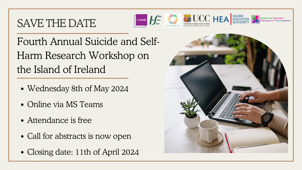 *Save the date📅* Are you an Early or Mid-Career Researcher with an interest in mental health and #SuicidePrevention? Join us for the 4th Annual Suicide and Self-Harm Research Workshop on the island of Ireland on Wednesday May 8th! Abstract submission: tinyurl.com/bdhwjejt