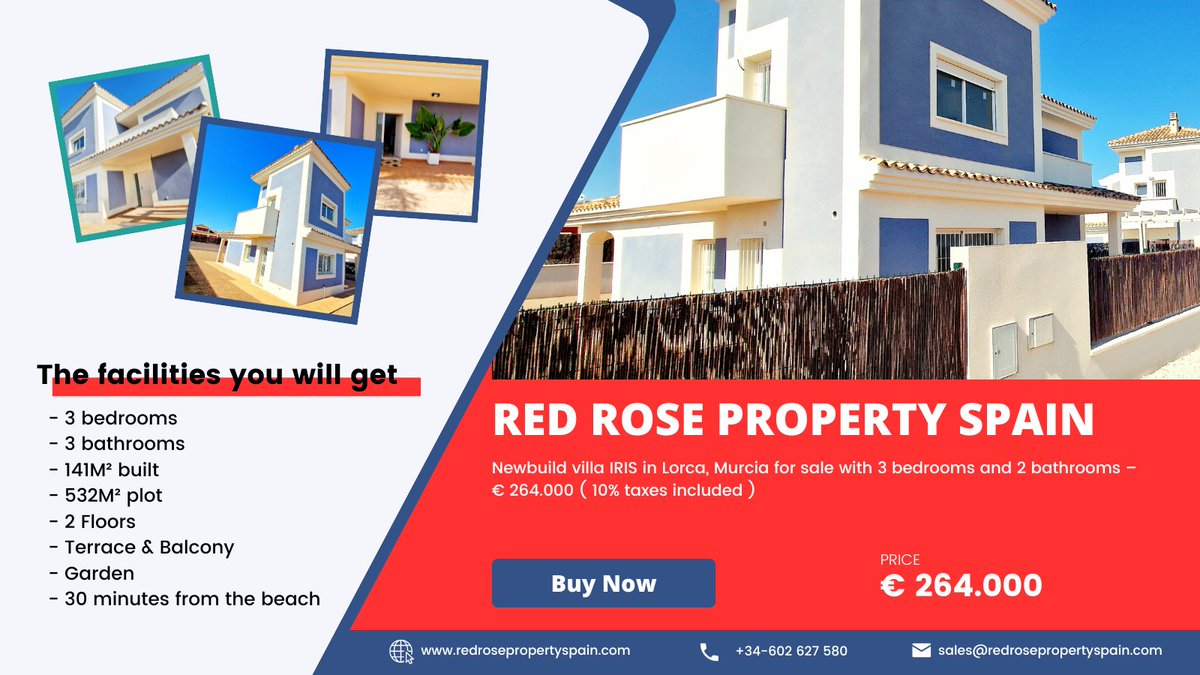 Newbuild villa IRIS in Lorca, Murcia for sale with 3 bedrooms and 2 bathrooms – € 264.000 ( 10% taxes included )
redrosepropertyspain.com/property/newbu…

#propertyspain #spain #realestate #costadelsol #property #costadelsolproperty #spanje #secondhomespain #vastgoed #malaga #costadelsollife