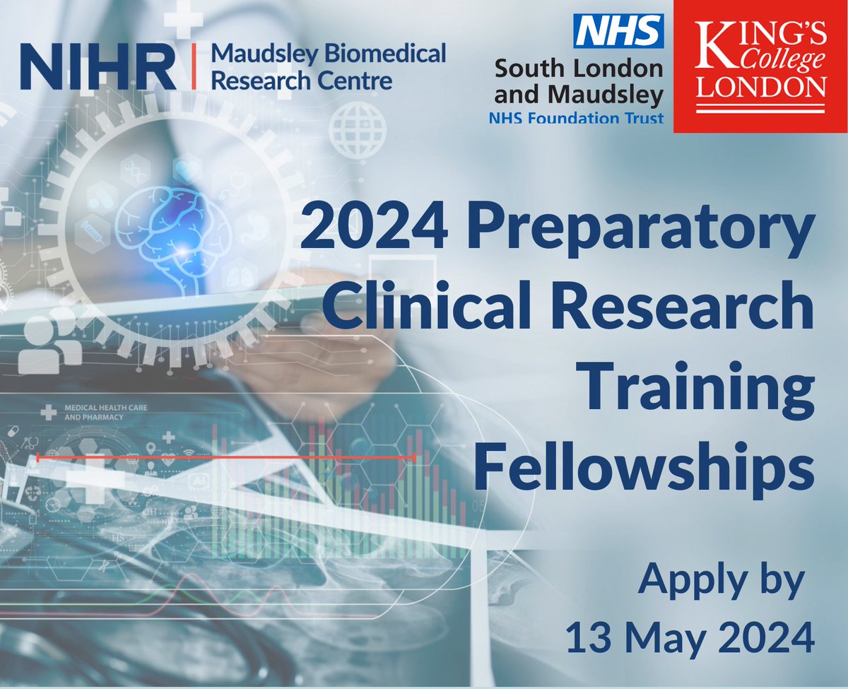 We have up to 4 Fellowships available for clinical trainees, nurses, allied health professionals and clinical psychologists who want to develop their research careers with the NIHR Maudsley BRC. Find out more and apply by Monday 13 May 2024: maudsleybrc.nihr.ac.uk/academic-caree…