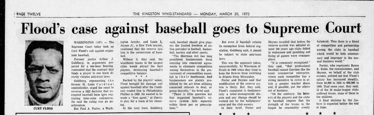 Flood v Kuhn was heard by the US Supreme Court on 3/19/1972 The issues before the Court: 1. Was professional baseball’s reserve system subject to federal antitrust law? (no) Was professional baseball subject to state antitrust laws? (no) 5-3 decision #BaseballandtheLaw 60-77