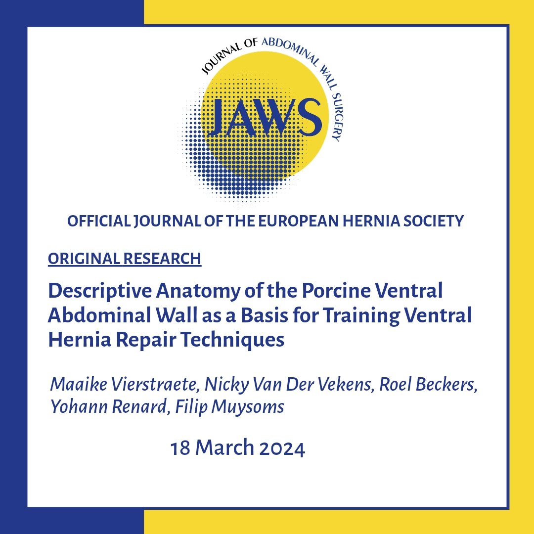 bit.ly/3Vpl5HI Descriptive Anatomy of the Porcine Ventral Abdominal Wall as a Basis for Training #VHR Techniques. #AWSurgery #HerniaSurgery #HerniaAnatomy #JoAWS #OpenAccess