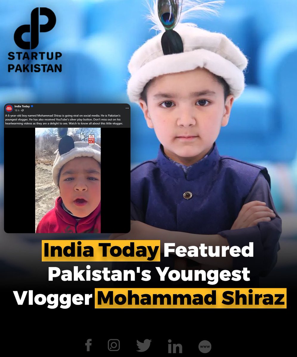 PakStartup's tweet image. Pakistan’s youngest vlogger, Mohammad Shiraz, has caught the attention of India Today. The talented young content creator has been featured by the renowned media outlet, showcasing his journey and achievements in the world of vlogging.

#Youtuber #youngest #Vlogger