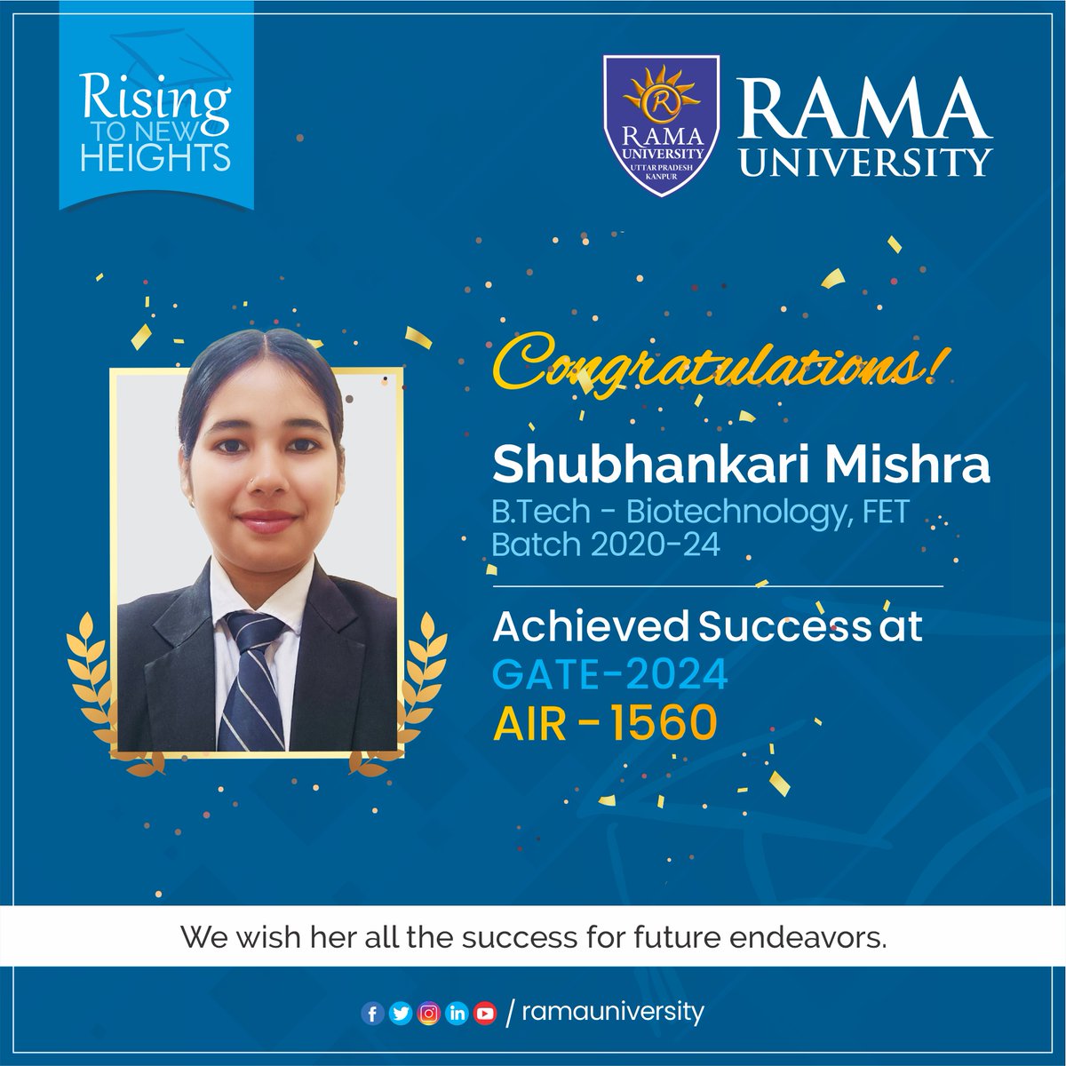 RamaUniversity's tweet image. 🎉Congratulations to Shubhankari Mishra, B.Tech- Biotechnology (2020-24 Batch) from the Department of Biotechnology, Faculty of Engineering and Technology 🚀

#Placement2024 #RamaUniversity #Kanpur #GATE2024 #Biotechnology #Engineering #Technology #Success #GATEExam #Motivation