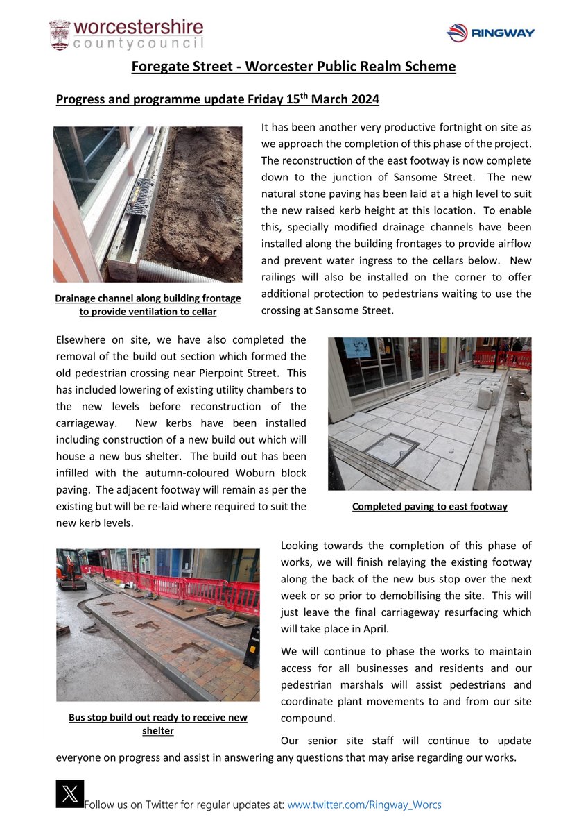 The combined team working on the major scheme in the heart of Worcester City have provided their latest newsletter update, giving details on what has been happening and what is to come as this current phase nears completion.