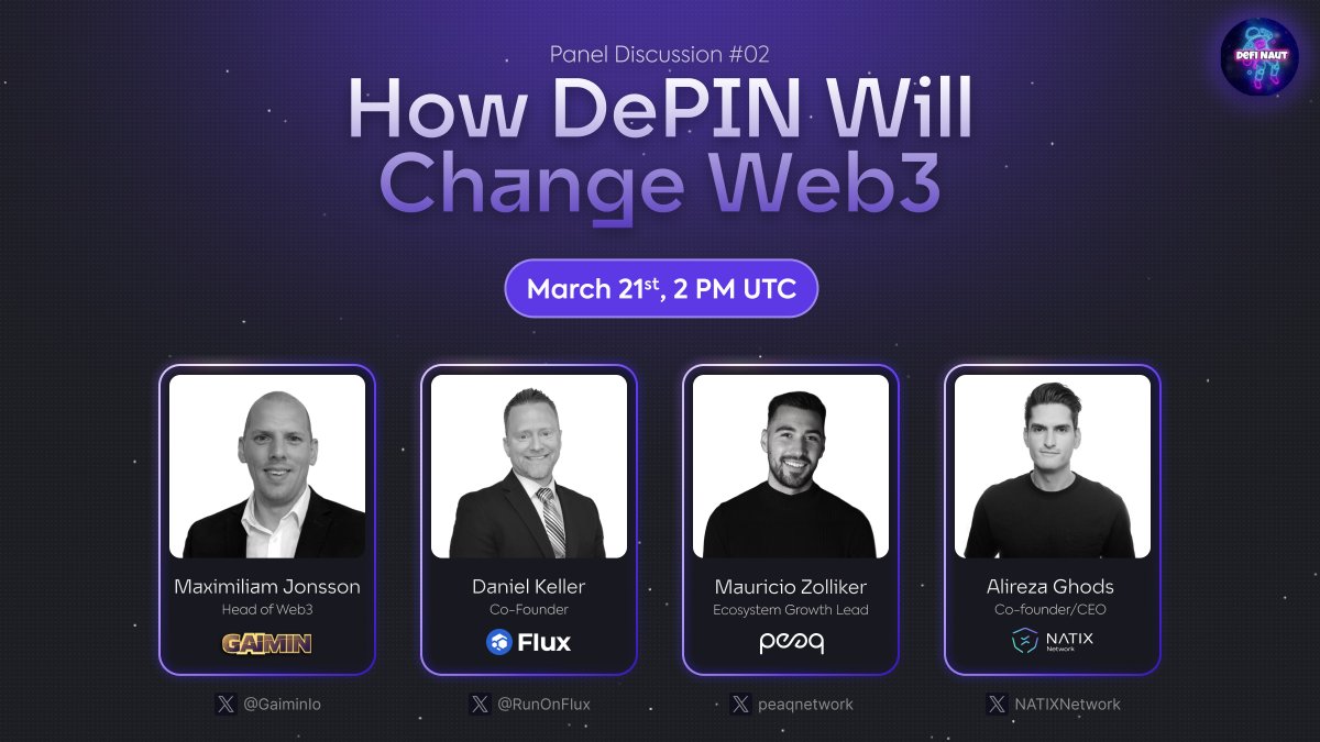 🎙️Super excited about Thursday's Panel: How DePIN will Change Web3 A line-up of #DePIN Powerhouses > @peaqnetwork $PEAQ - RWA > @NATIXNetwork $NATIX - Mapping > @RunOnFlux $FLUX - Computing > @GaiminIo $GMRX - Gaming Join us March 21st, 2 PM UTC: twitter.com/i/spaces/1OdJr…