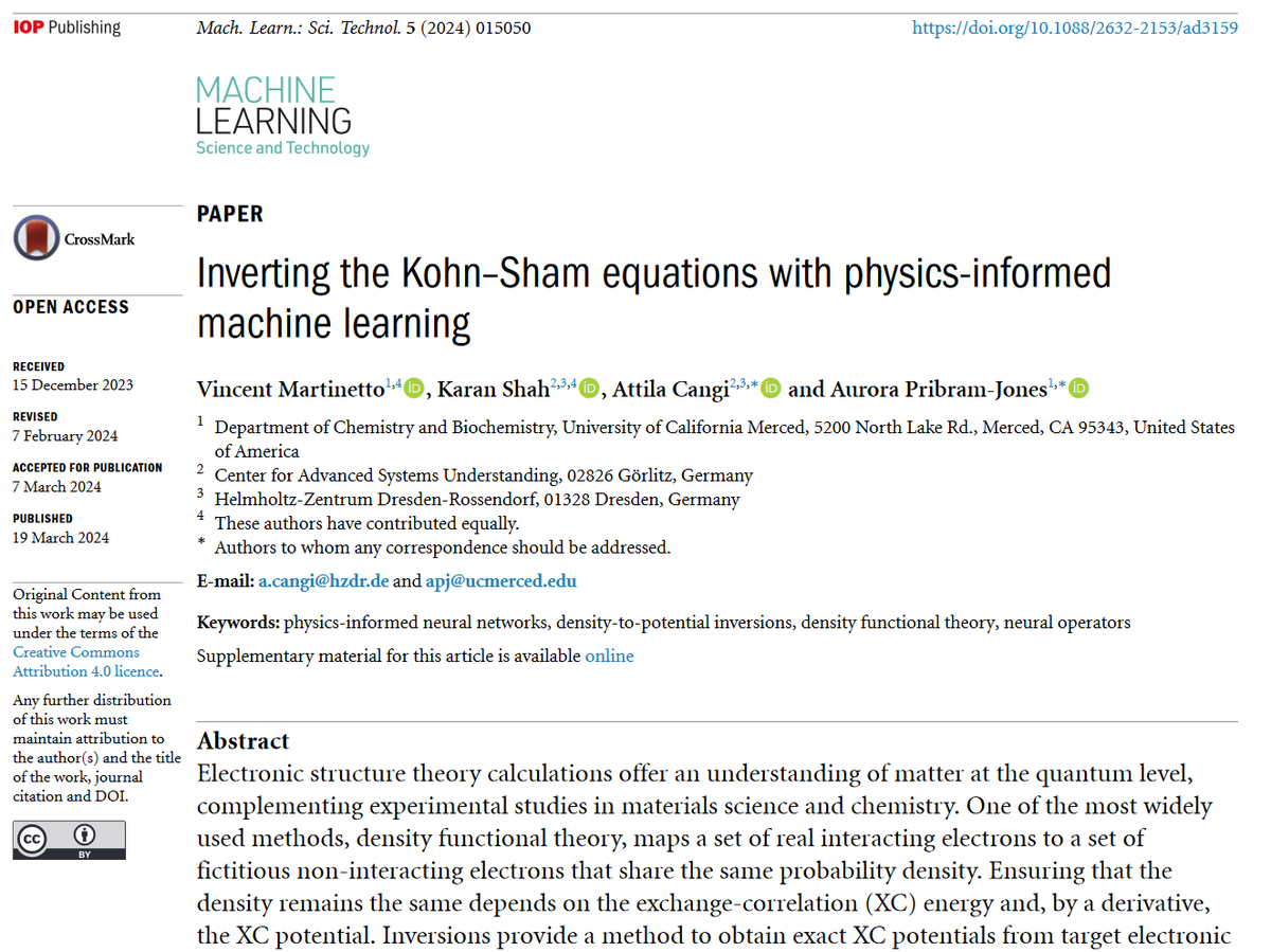 Machine Learning: Science and Technology (@mlstjournal) on Twitter photo Great new work by <a href="/ReKarantNetwork/">Karan Shah</a> <a href="/AttilaCangi/">Attila Cangi</a> <a href="/opsimaths/">Permanent Eko</a> et al <a href="/UCMChemistry/">UC Merced Chemistry</a> <a href="/UCMerced_NatSci/">UC Merced Nat Sci</a> <a href="/HZDR_Dresden/">HZDR @HZDR@helmholtz.social</a> <a href="/CASUSscience/">Center for Advanced Systems Understanding at HZDR</a> <a href="/helmholtz_ai/">Helmholtz AI</a>- 'Inverting the Kohn–Sham equations with #physics-informed #machinelearning'-iopscience.iop.org/article/10.108… #PINNs #compchem #DFT #materials #HPC #AI Great new work by <a href="/ReKarantNetwork/">Karan Shah</a> <a href="/AttilaCangi/">Attila Cangi</a> <a href="/opsimaths/">Permanent Eko</a> et al <a href="/UCMChemistry/">UC Merced Chemistry</a> <a href="/UCMerced_NatSci/">UC Merced Nat Sci</a> <a href="/HZDR_Dresden/">HZDR @HZDR@helmholtz.social</a> <a href="/CASUSscience/">Center for Advanced Systems Understanding at HZDR</a> <a href="/helmholtz_ai/">Helmholtz AI</a>- 'Inverting the Kohn–Sham equations with #physics-informed #machinelearning'-iopscience.iop.org/article/10.108… #PINNs #compchem #DFT #materials #HPC #AI