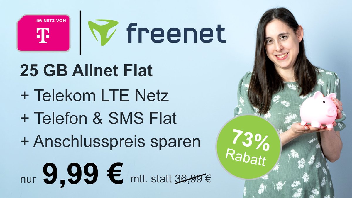 25 GB Telekom Allnet Flat für 9,99 Euro: Schnäppchen-Angebot im Telekom Netz: Bei Freenet gibt es den Green LTE 25 GB Tarif ab sofort für nur 9,99 € statt 36,99 € pro Monat. Enthalten sind eine Flat für Telefonie &amp; SMS, 25 GB Datenvolumen sowie… dlvr.it/T4HjSl