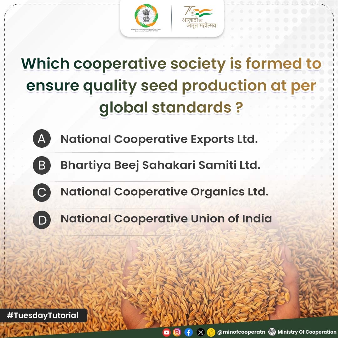 MinOfCooperatn's tweet image. Check your knowledge about Ministry of Cooperation's mission & vision!
Be a part of #SahkarSeSamridhi by participating in our #Quiz.
#TuesdayTutorial
#WeeklyQuiz