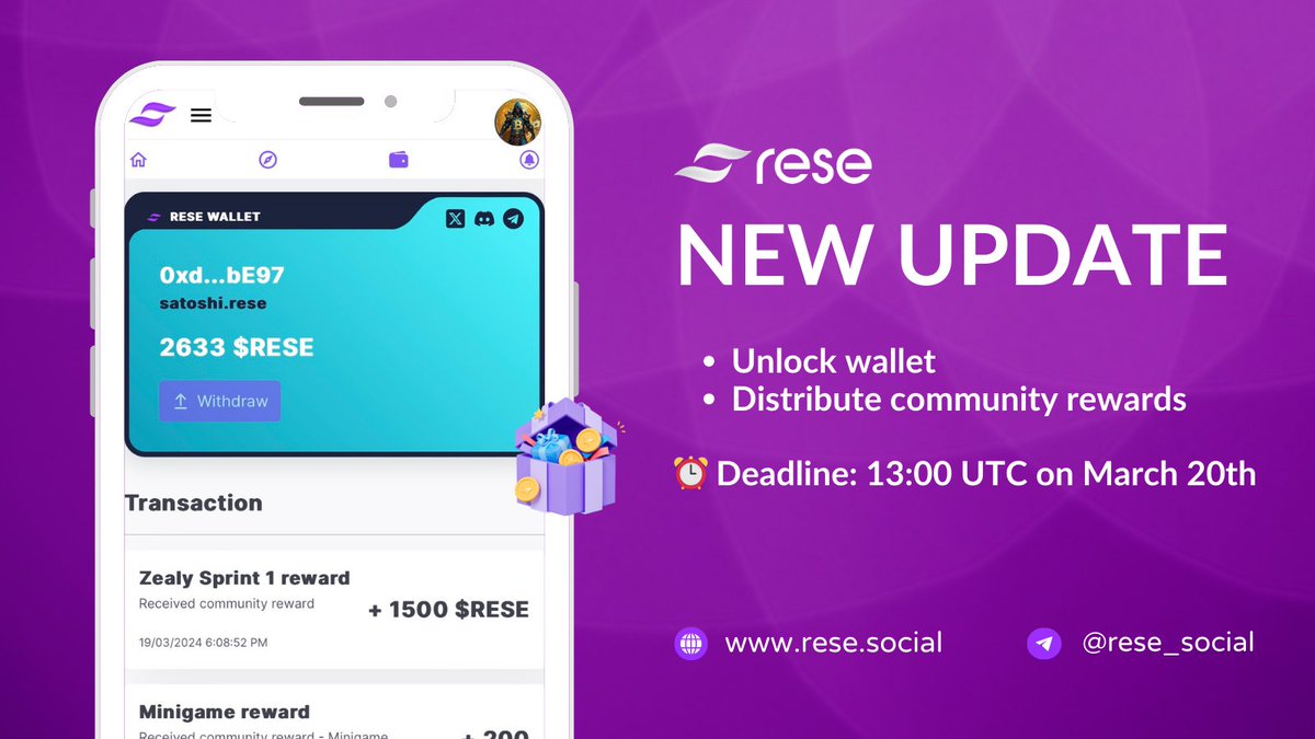 🌌 Dear Resers! We have updated the Wallet feature. Please follow these steps to check your total reward 👇 app.rese.social/post/we-have-u… ⏰ Deadline: 13:00 UTC on March 20th 💯 Please note: - If the wallet address of a community event winner is not unlocked on the Rese Wallet page,