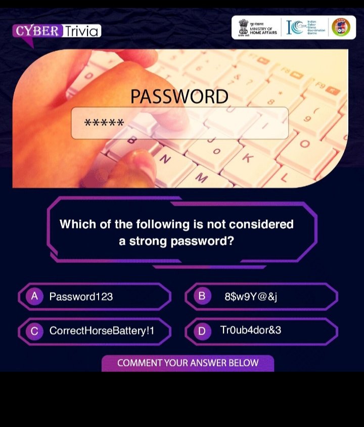 Cracking the code to a safer digital world, Use strong password ! 🔐✨ #CyberSecurity #StrongPasswords #CyberAwareness
#I4C #MHA #Cyberdost #Cybercrime #Cybersecurity #Stayalert #News #Awareness#CYBERCRIME# CCPS-SOG#CYBER Exprt# Krishankarira