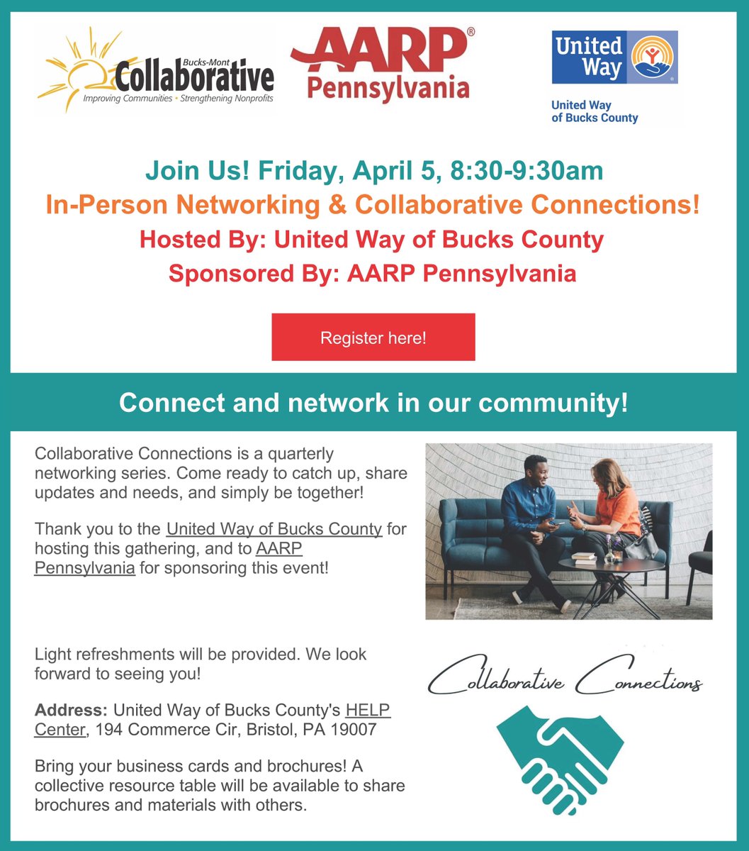 Join us at the #HELPCenterBucks for In-Person Networking & Collaborative Connections! Collaborative Connections is a quarterly networking series with the @BucksMontCollab. Come ready to catch up, share updates and needs, and simply be together! buff.ly/3IERwdA