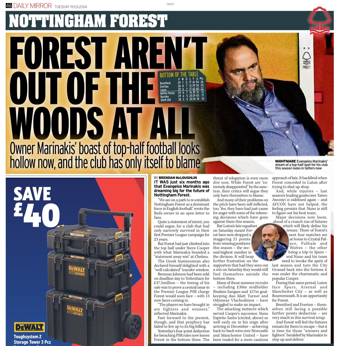 Six months ago Evangelos Marinakis said #nffc are “on a path to re-establish (club) as a dominant force in English football.” Now they find themselves in the bottom three. @MirrorFootball piece on how a season which promised much has unravelled into another survival battle.