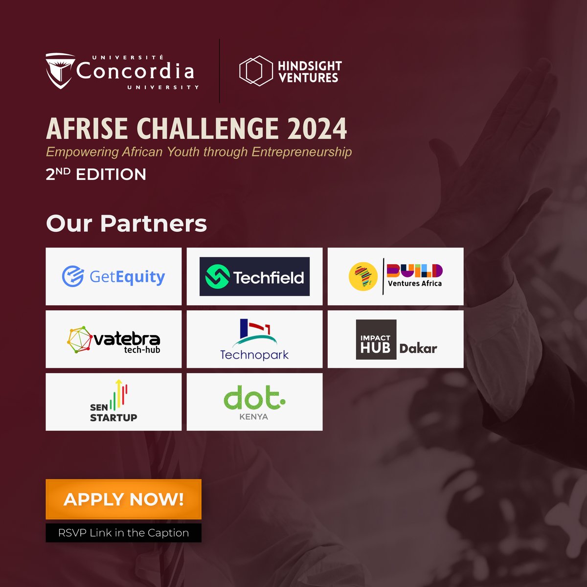 We are excited to announce our Ecosystem/Country Partners who have joined hands for the 2nd edition of AFRISE Challenge, an initiative by @Concordia If you are a startup from #Kenya #Uganda #Morocco #Nigeria #Senegal , submit your applications here : forms.gle/U3GmFwkr5ptyhC…