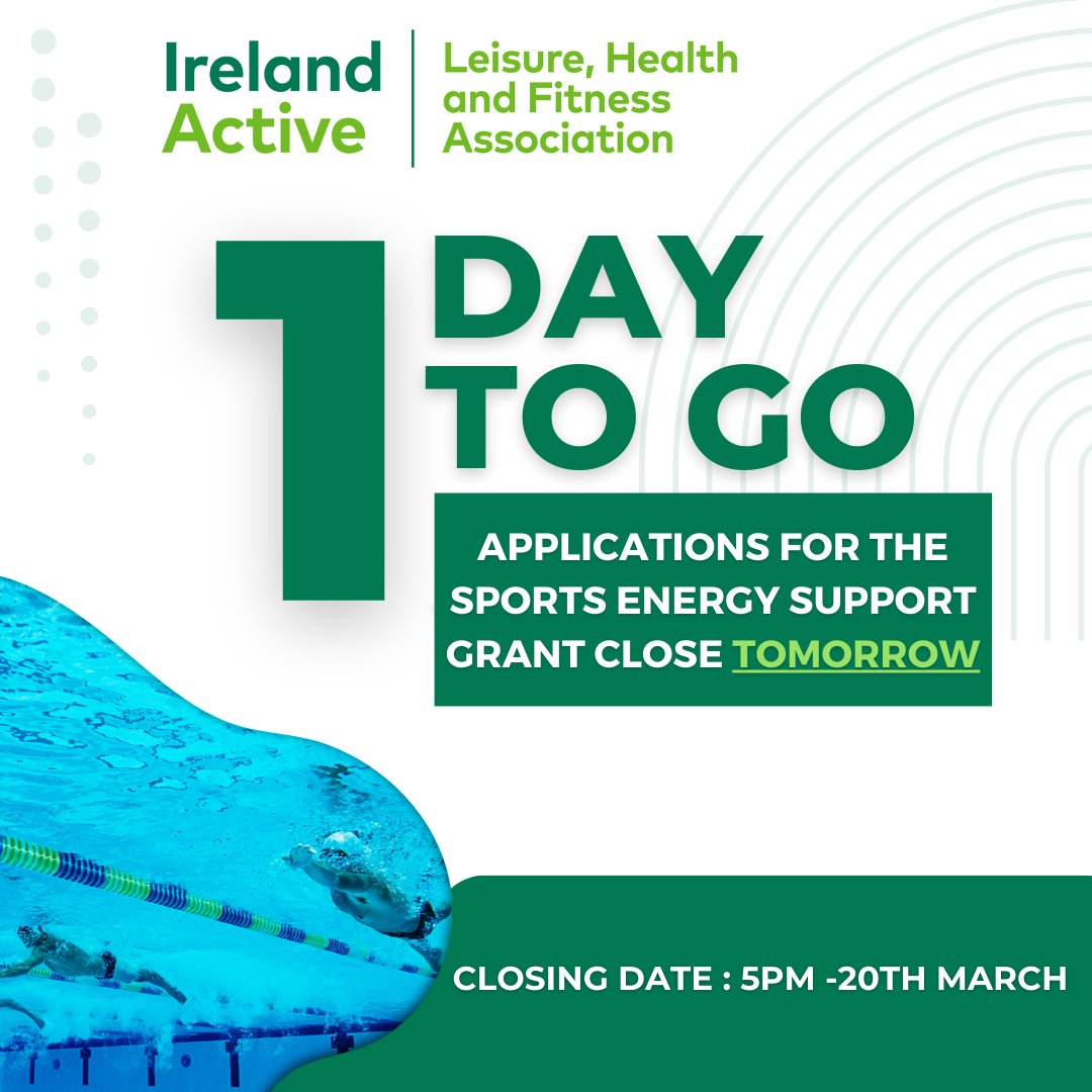 ❗ Final Reminder ❗ Applications close tomorrow for swimming pools to complete applications as part of Phase III of the SESS. 📌Closing date 5pm, 20th of March. 💻Please visit our website for more information or email swimmingpoolgrant@irelandactive.ie
