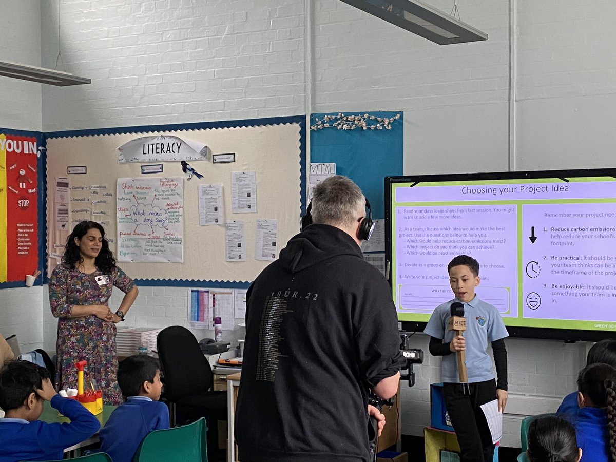 Children confidently communicating their project ideas as agents of change @Greenschoolsuk These children have investigated and found food is one of the largest sources of carbon emissions for the school - their ideas focus on reducing food emissions #ClimateinEducation