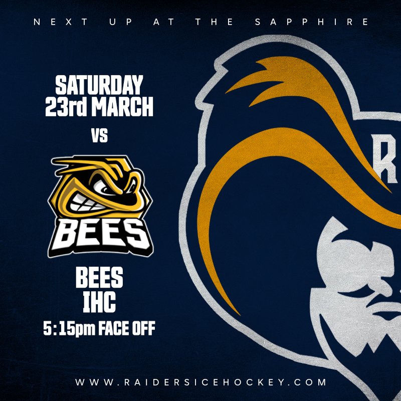 NEXT UP AT THE SAPPHIRE - We host the @BeesIceHockey here in #Romford you can get your match tickets & streaming link below. We hope to see you out in numbers for this key match. 🎫raidersicehockey.ticketco.events/uk/en 📷raidersicehockey.com/streaming-links @Romford_BID @HaveringDaily @BreweryRomford