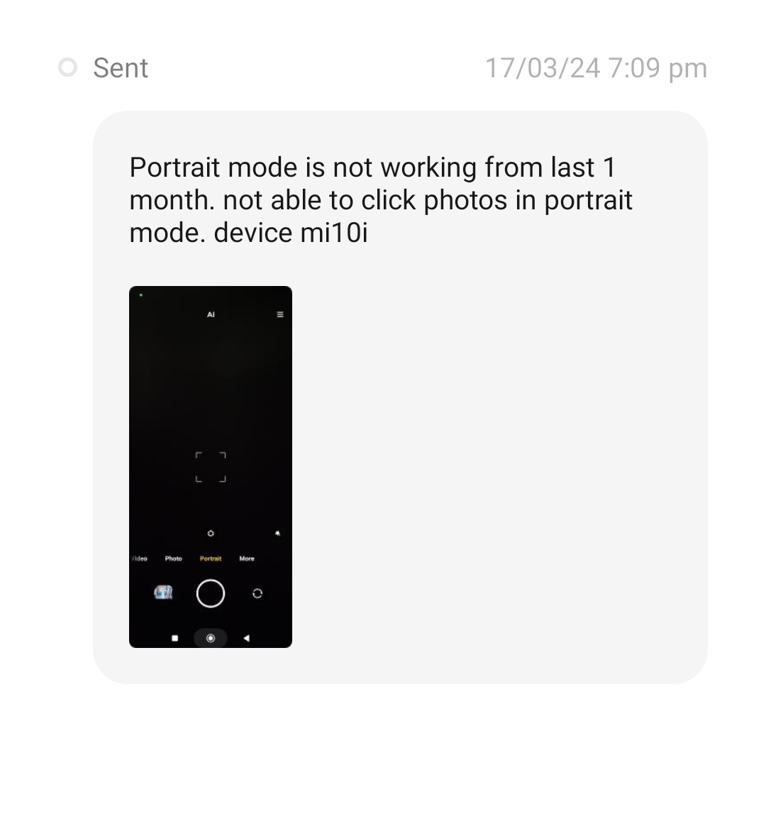 AjayMahendru6's tweet photo. @MiIndiaSupport @XiaomiIndia @Xiaomi I'm facing issue with my Mi10i device, I'm unable to click picture by using Portrait mode. I already complain via feedback page but still no response. @oppo @POCOSupport @nokia @Vivo_India @_DigitalIndia #mi10i #xiaomisupport #cameraissue https://t.co/Lgnsr1D4Q4