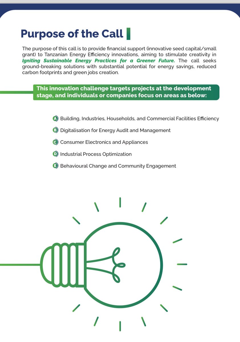 Je una wazo la kibunifu lenye kulenga kutatua changamoto/fursa za matumizi bora ya nishati? Washindi 10 kupewa mpaka milioni 25 kuendeleza mawazo yao ya kibunifu. Tuma maombi kupitia: forms.gle/zghGJagQfgGudL… @EUinTZ @IrlEmbTanzania @Nishati2017 @TanzaniaSA @costechTANZANIA