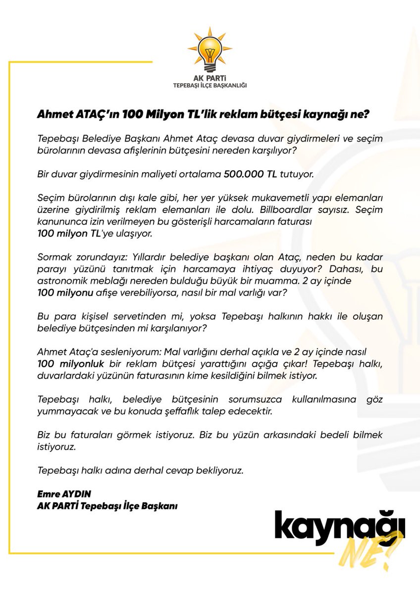 Ahmet ATAÇ’ın 100 Milyon TL’lik reklam bütçesi #KaynağıNe? Tepebaşı Belediye Başkanı Ahmet Ataç devasa duvar giydirmeleri ve seçim bürolarının devasa afişlerinin bütçesini nereden karşılıyor? Bir duvar giydirmesinin maliyeti ortalama 500.000 TL tutuyor. Seçim bürolarının dışı…