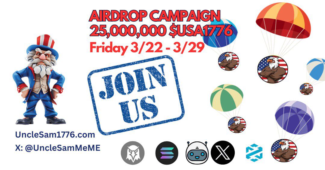 New airdrop: Uncle1776 Reward: 250 $USA1776 (~$5) Distribution date: March 22 🔗Airdrop Link: t.me/AirdropNinja36… #airdrop #crypto #bitcoin #cryptocurrency #airdropninjapro #binance #blockchain