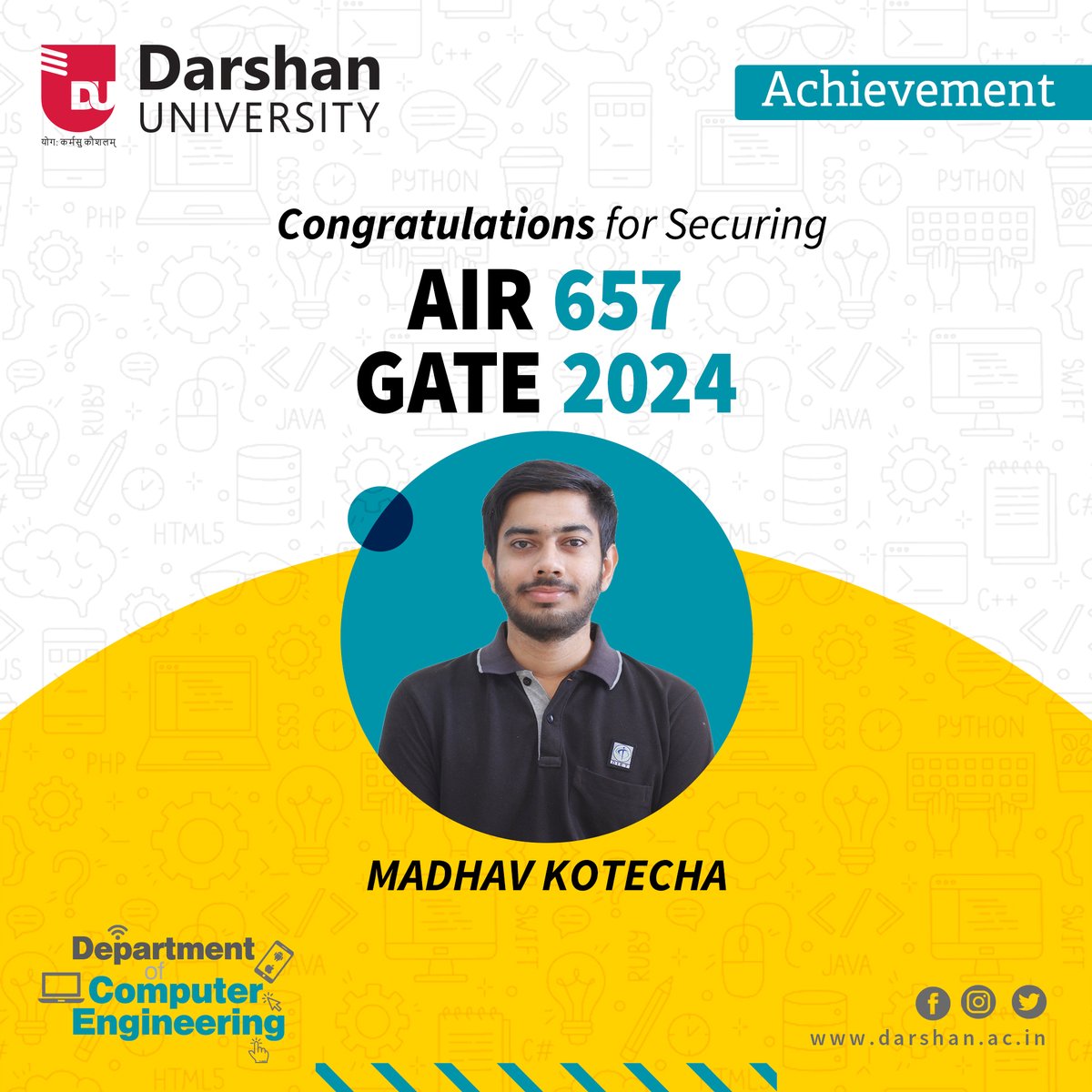 DarshanUniv's tweet photo. Congratulations Madhav for securing AIR 657 in GATE 2024 #examination.
#darshanuniversity #gate2024 #achievement #computerengineering #gateexamination #GATEQualified https://t.co/uOfneZiSnE