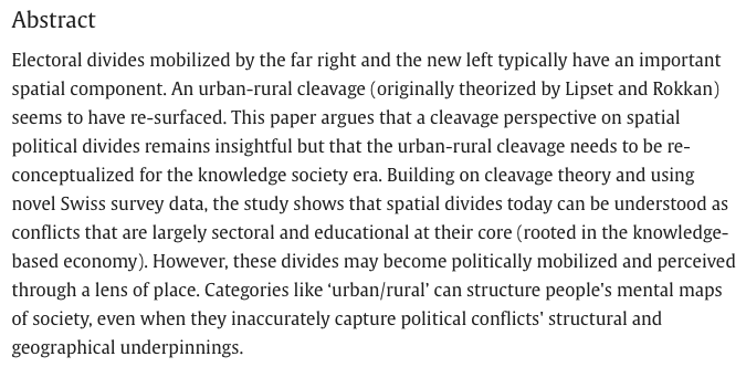 New article on place-based identities and cleavage formation in the knowledge society, out in @ElectoralStdies. If you study spatial inequalities, rural resentment, and/or generally cleavage politics, this might be of interest! sciencedirect.com/science/articl…