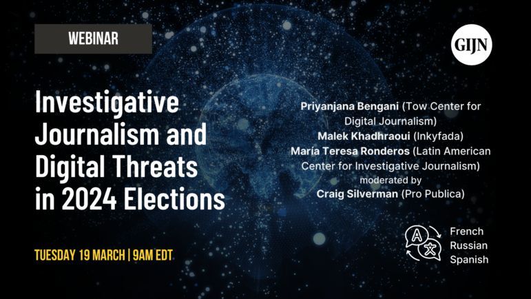 It's GIJN's Webinar Day! Today, March 19, join @acookiecrumbles, @malekk & @mtronderos for a conversation on investigating disinformation, malware, spyware, & trolling in 2024 elections. Moderator is @CraigSilverman of @ProPublica ⌚ 1pm GMT. Register: buff.ly/3TG2zcs