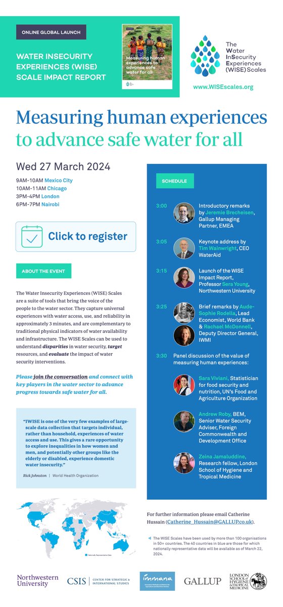 #WorldWaterDay💧event No 2 is at @Gallup offices @TheShardLondon & online on March 27. Here we will be launching the #WISE_scales Impact Report, w/help from Jeremie Brecheisen (@Gallup) @WainwrightTim (CEO @wateraid) @asrodella (@WorldBankWater) @RachaelMcDonne5 (@IWMI)...