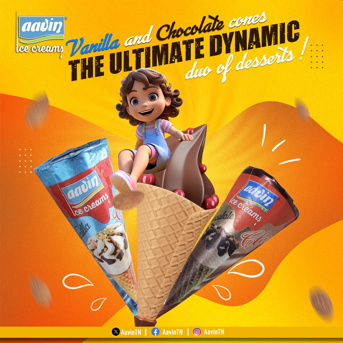 Satisfy your sweet cravings with the delightful combination of Aavin Vanilla and Chocolate Cone Ice Cream. Creamy vanilla and rich chocolate swirled together in a crunchy cone. #AavinIceCream #VanillaChocolateBliss #sweettreat #Aavin #AavinTN #aavinproducts