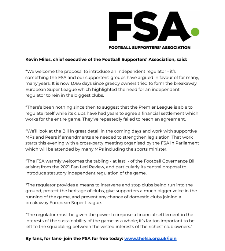 FSA response to Government announcement that it will today - at last! - launch legislation to introduce an Independent Football Regulator. Bring it on.