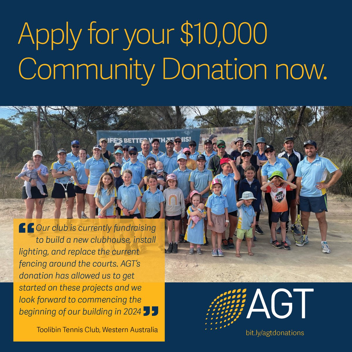Applications for 2024 AGT Community Donations are now open! 
• $10,000 towards a community project
• Open to all grain-growing communities in Australia
Find out more and apply: bit.ly/agtdonations