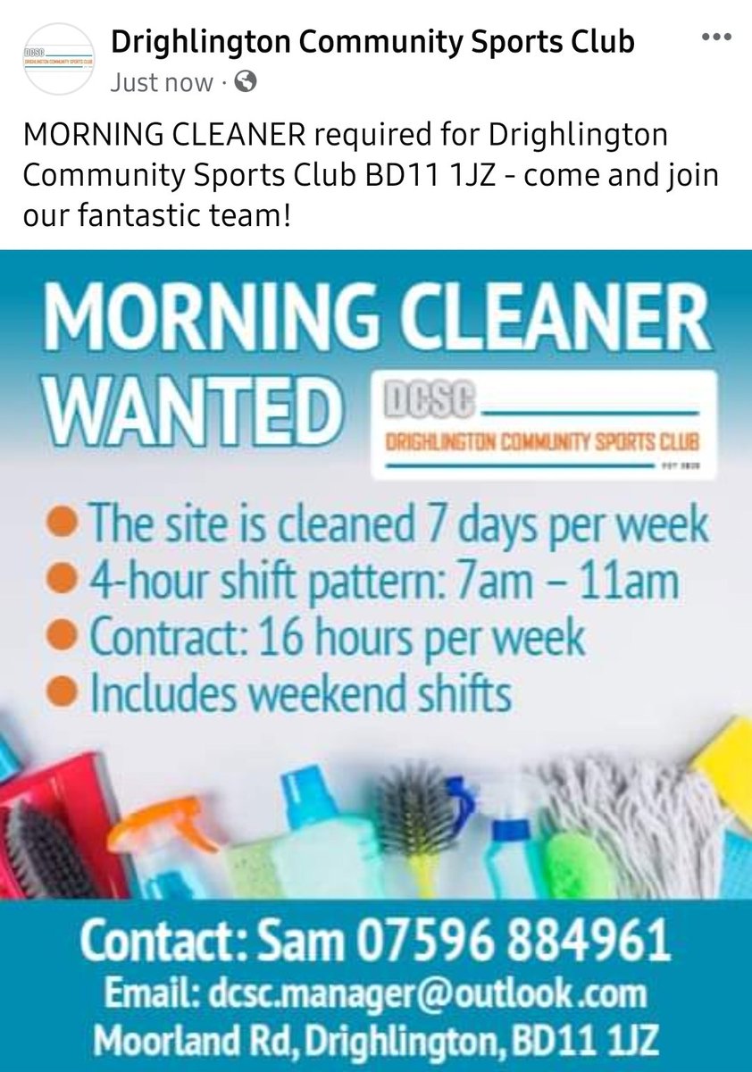 MORNING CLEANER required for Drighlington Community Sports Club BD11 1JZ - come and join our fantastic team!
