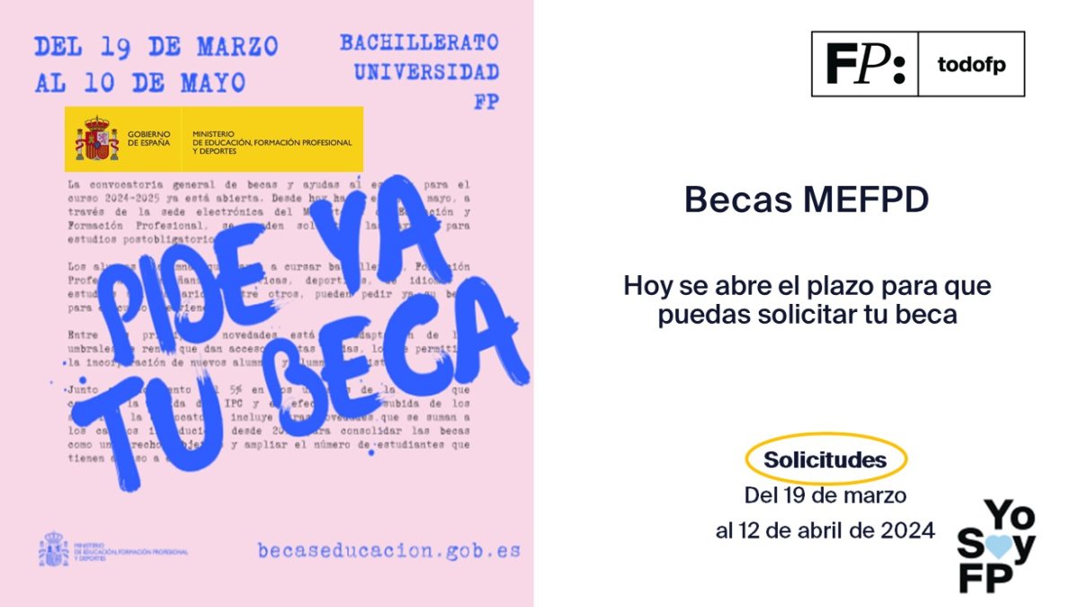 📢 A partir de hoy, puedes solicitar tu beca para bachillerato, universidad y FP
#TodoFP #YoSoyFP
🔴 Del 19 de marzo al 10 de mayo de 2024. 
🔎 Para cualquier duda, aquí tienes 'Tu beca, así de fácil':
becaseducacion.gob.es/dudas/asi-de-f…