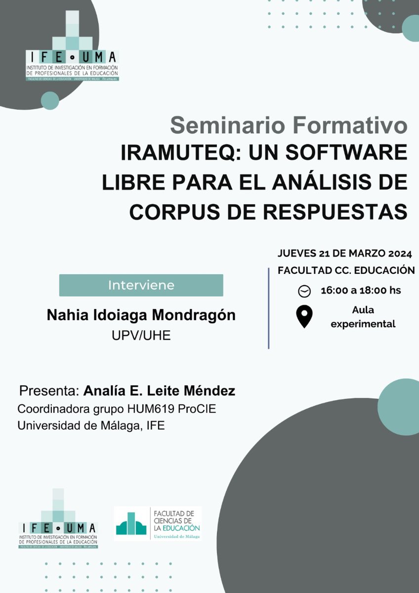 📢 ¡No te pierdas el Seminario Formativo sobre IRAMUTEQ, el software libre para análisis de corpus de respuestas!

Nahia Idoiaga Mondragón de UPV/UHE.
 
📆 Jueves 21 de marzo 16:00 hrs., <a href="/Educacion_UMA/">FacultadEducaciónUMA</a> , Aula Experimental.

Presenta Analía Leite , Coordinadora de <a href="/procie_hum619/">procie</a>