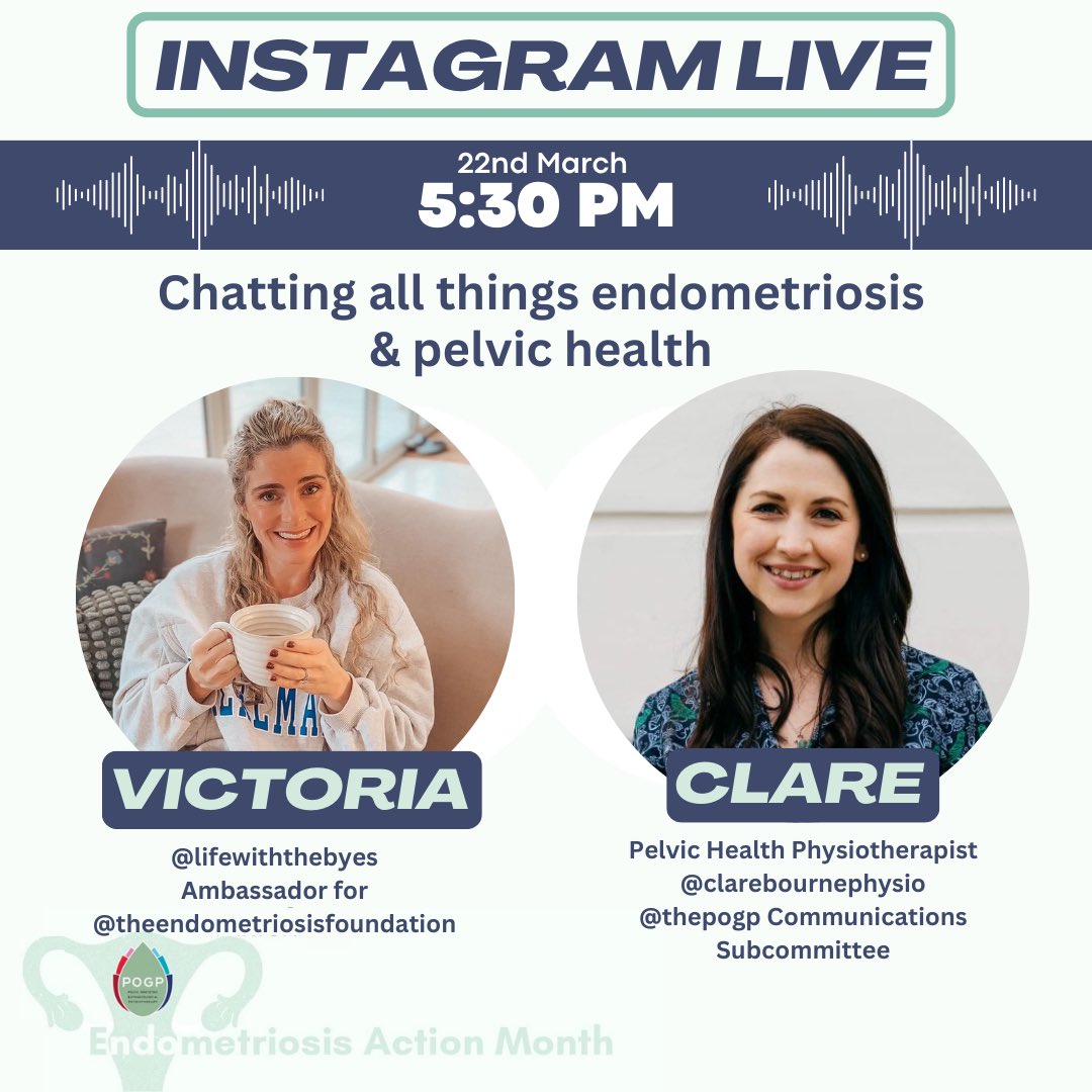 Join us for our first ever Instagram live 📣@theendofound ambassador Victoria Bye will share her story with pelvic health physiotherapist & POGP communications team member @Clarebphysio #endometriosisawarenessmonth #endometriosis #pelvichealth #pelvicfloor #pelvicpain #physio